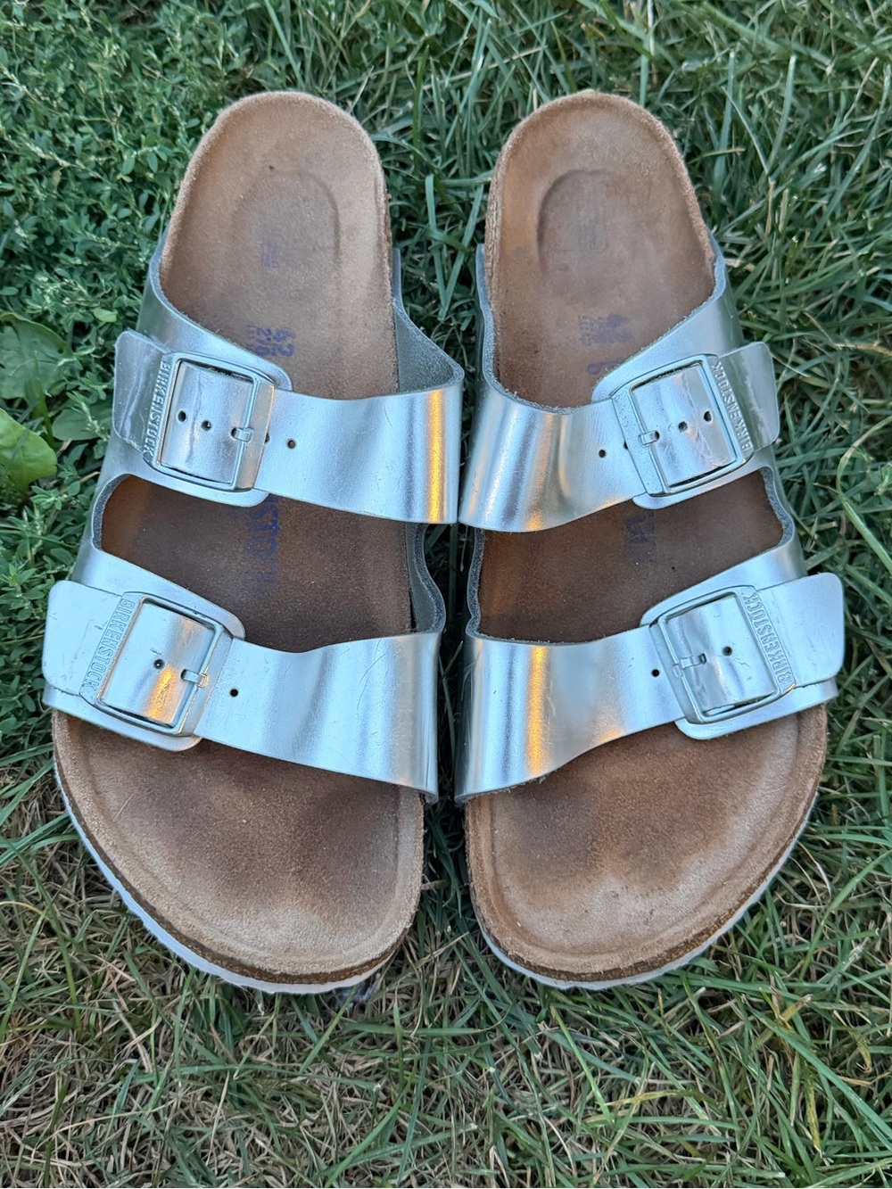 Birkenstock Arizona Soft Silver Two-Buckle  Sandals Size L11 M9